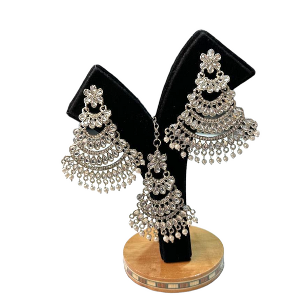 Silver Kundan Jhoomar Style Earring And Mang Tikka Set #KEMS7