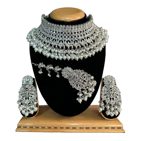 Bridal Silver Polki AD Necklace Earrings And Mang Tikka Set #PB2