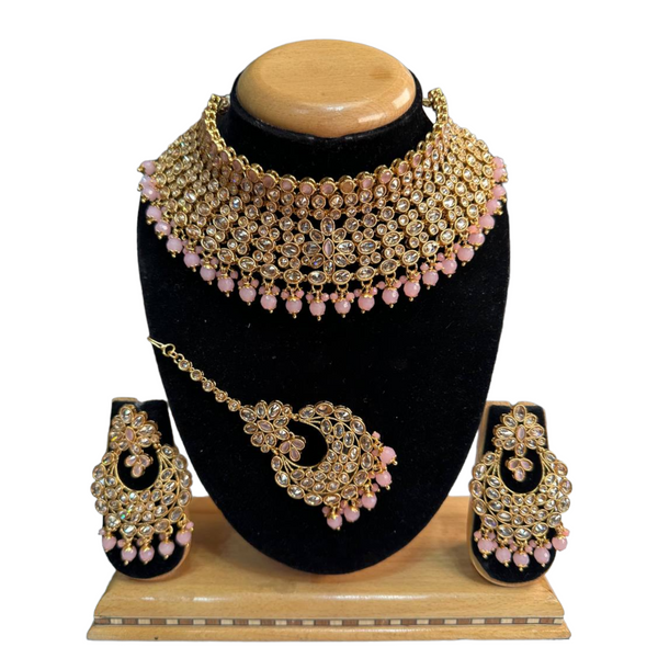 Bridal Gold Plated Polki Reverse American Diamond Choker Necklace Earrings And Mang Tikka Set #RABC1