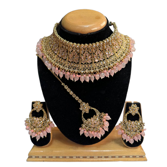 Bridal Gold Plated Polki Reverse AD Choker Necklace Earrings And Mang Tikka Set #RABC10