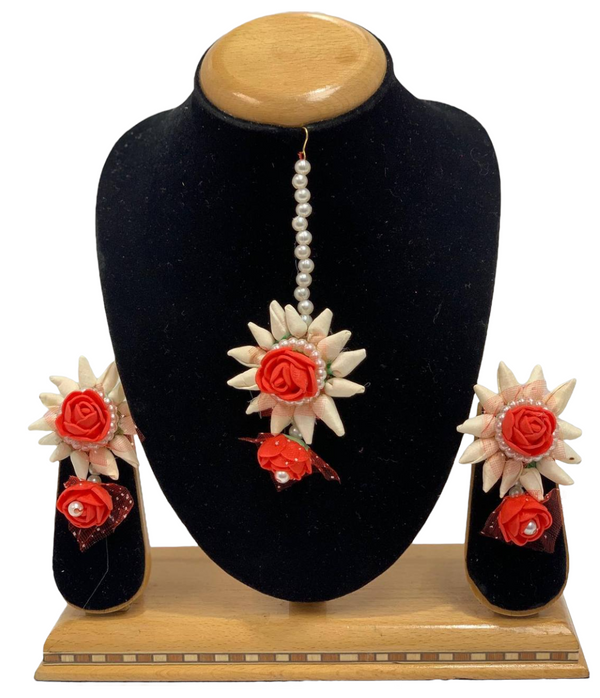 Indian Bridal Handmade Flower Floral Gotta Earrings And Mang Tikka Set ET3