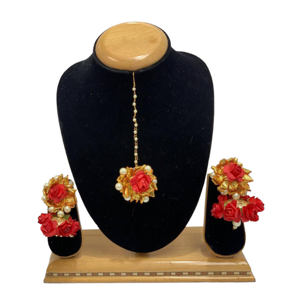 Indian Bridal Handmade Flower Floral Gotta Earrings And Mang Tikka Set ET4