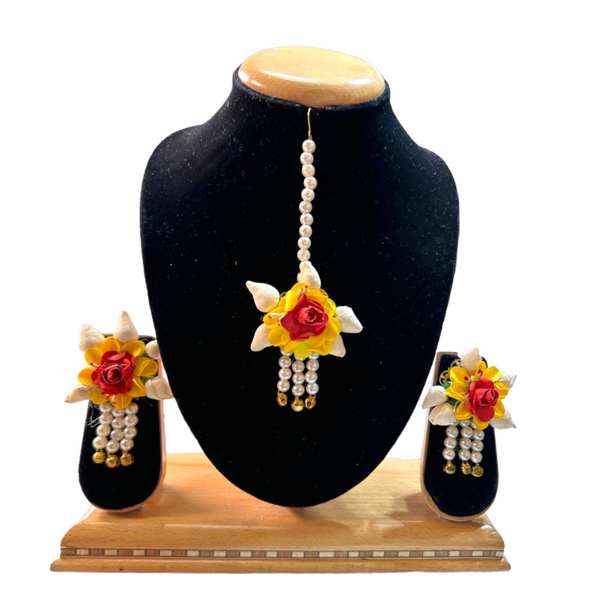 Indian Bridal Handmade Flower Floral Gotta Earrings And Mang Tikka Set ET7