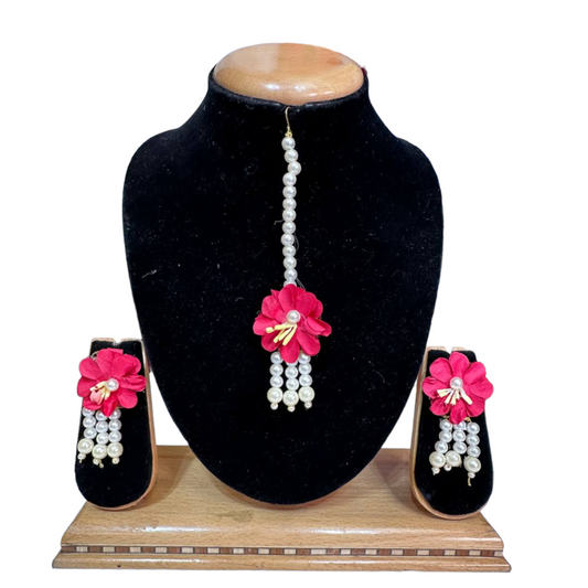Indian Bridal Handmade Flower Floral Gotta Earrings And Mang Tikka Set ET6