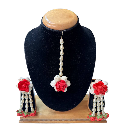 Indian Bridal Handmade Flower Floral Gotta Earrings And Mang Tikka Set ET8