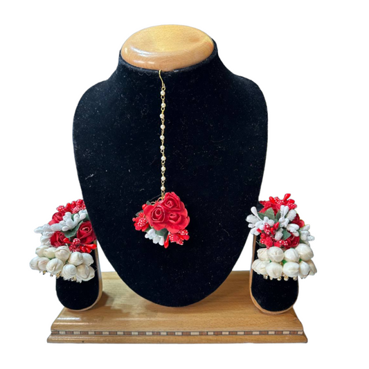 Indian Bridal Handmade Flower Floral Gotta Jhumka Earrings And Mang Tikka Set ET9