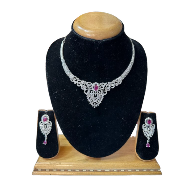 Silver Ruby AD/CZ American Diamond Necklace & Earring Set ADS58