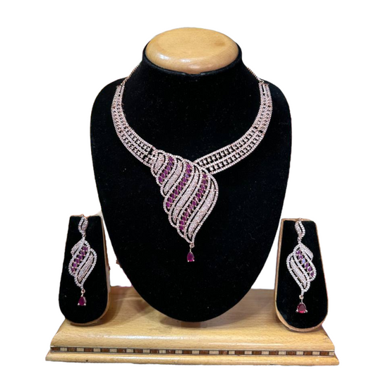 Rose Gold Ruby AD/CZ American Diamond Necklace & Earring Set ADS73