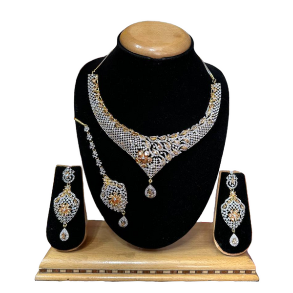 Gold Plated Dual Tone AD/CZ Necklace Earring & Mang Tikka Set ADS76