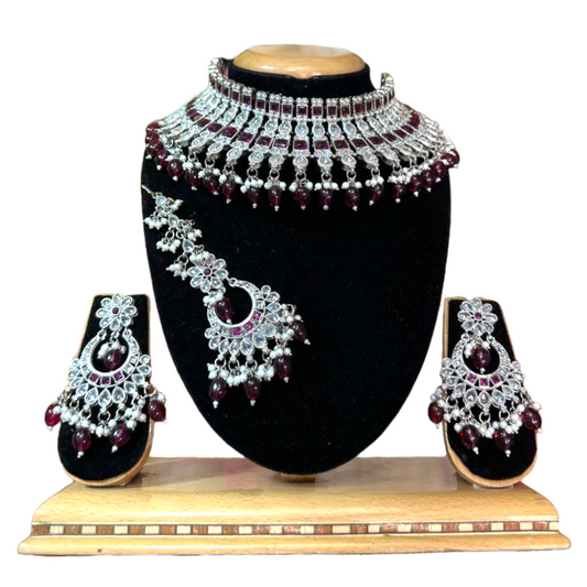 Bridal Silver Polki AD Necklace Earrings And Mang Tikka Set #PB3