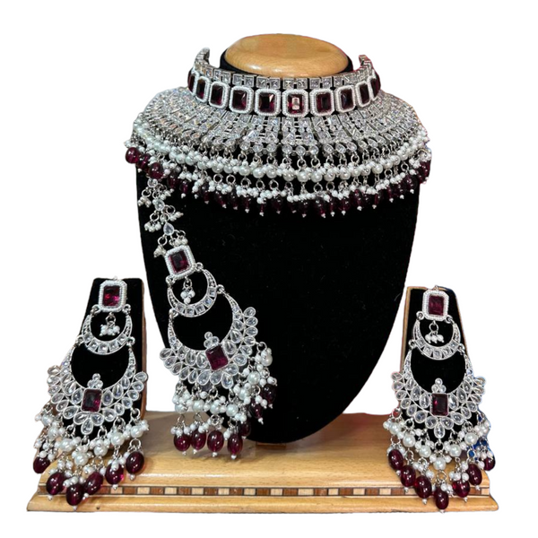 Bridal Silver Polki AD Necklace Earrings And Mangtikka Set #PB4