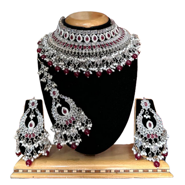 Bridal Silver Polki AD Necklace Earrings And Mang Tikka Set #PB6