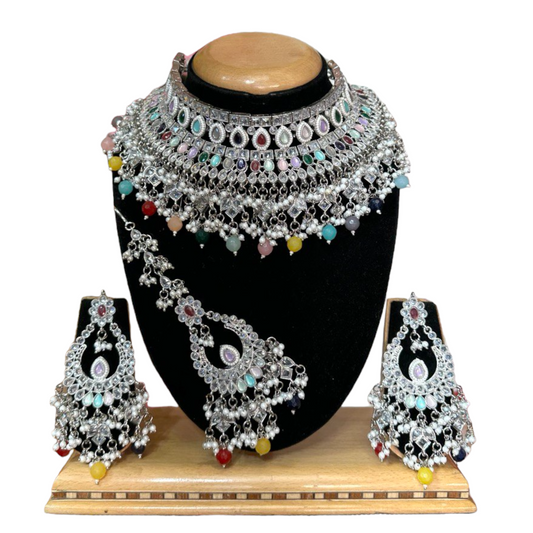 Bridal Silver Polki AD Necklace Earrings And Mang Tikka Set #PB6