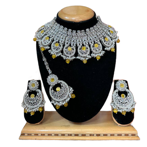 Bridal Silver Polki AD Necklace Earrings And Mangtikka Set #PB7