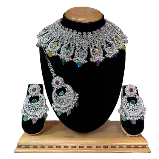 Bridal Silver Polki AD Necklace Earrings And Mangtikka Set #PB7