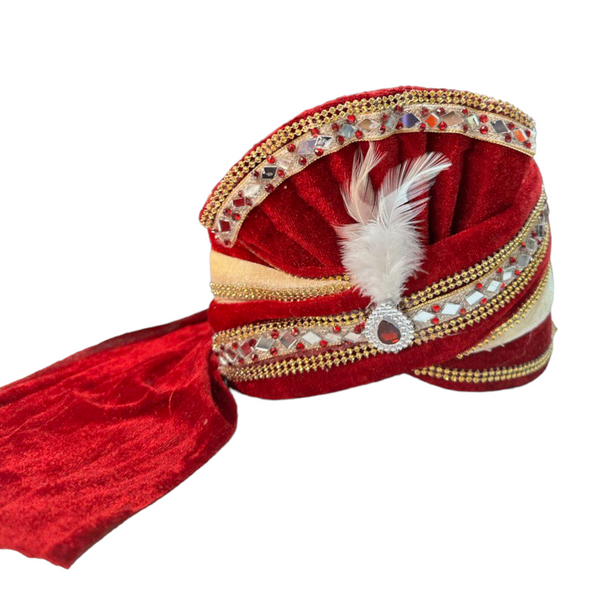 Wedding Pagri Pagari Petha Men Sherwani Safa Red & Gold Velvet Turban #20