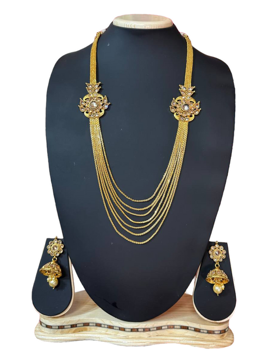 Gold Plated Reverse AD Polki Long Necklace And Earring Set RADL2