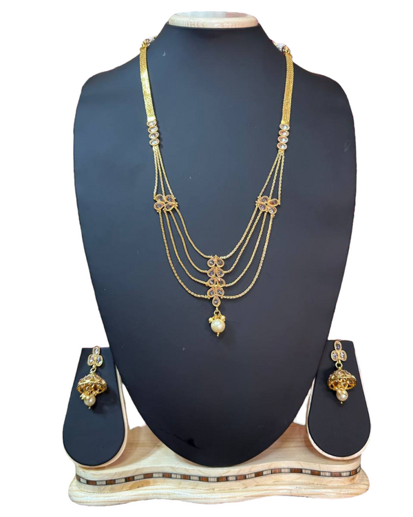 Gold Plated Reverse AD Polki Long Necklace And Earring Set RADL9