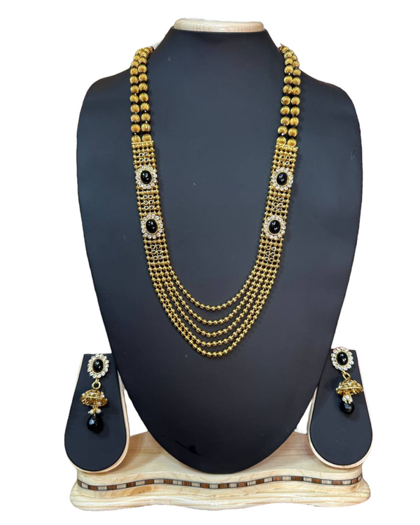 Gold Plated Reverse AD Polki Black Long Necklace And Earring Set RADL10