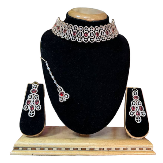 AD Cubic Zirconia Choker Necklace, Earring & Mang Tikka Set ADC7