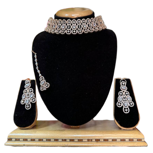 AD Cubic Zirconia Choker Necklace, Earring & Mang Tikka Set ADC7