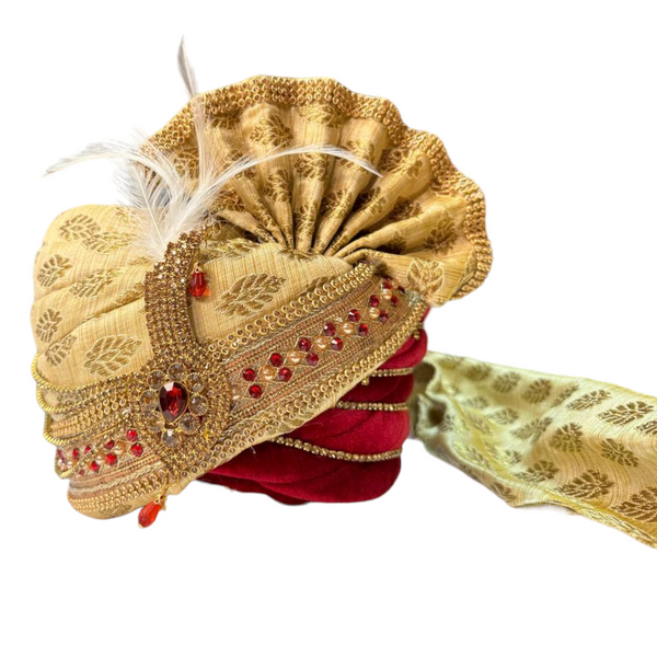 Indian Gold Silk and Red Velvet Pagri Pagadi Petha Men Sherwani Safa Turban #25