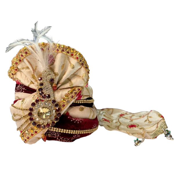 Gold Silk With Maroon Velvet Pagri Pagadi Petha Men Sherwani Safa Turban #26