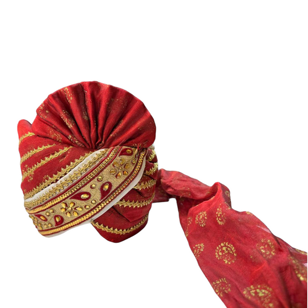 Red & White Silk Wedding Pagri Pagari Petha Men Sherwani Safa Turban #10