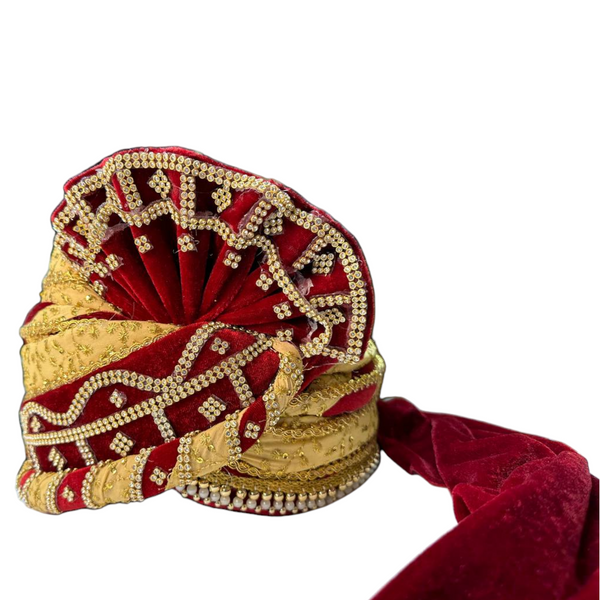 Gold Silk With Red Velvet Wedding Pagri Pagari Petha Men Safa Turban #13