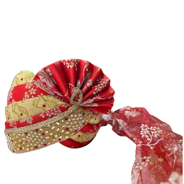 Gold & Red Silk Wedding Pagri Pagari Petha Men Sherwani Safa Turban #15