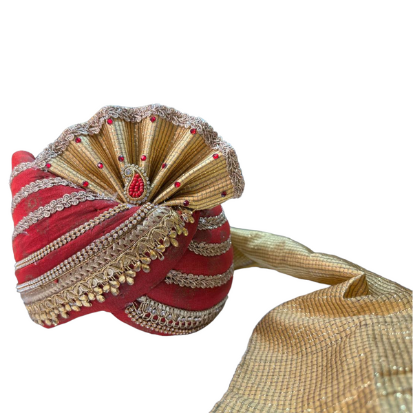 Red And Gold Silk Wedding Pagri Pagari Petha Men Sherwani Safa Turban #7