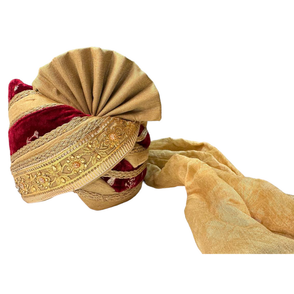 Gold Silk With Maroon Velvet Wedding Pagri Pagari Petha Men Sherwani Safa Turban #2