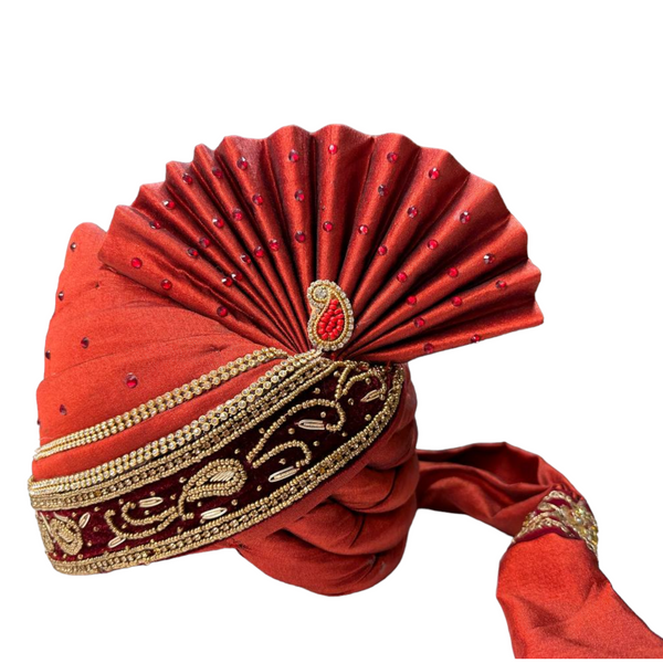 Red Silk Wedding Pagri Petha Men Hat Sherwani Safa Turban #14
