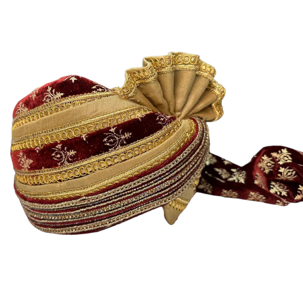 Antique Gold Silk With Maroon Velvet Pagri Pagadi Petha Men Safa Turban #36