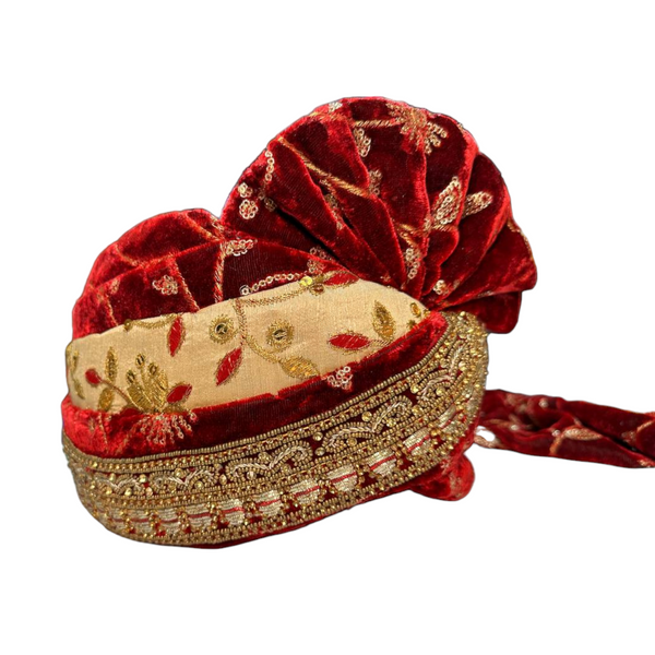 Gold Silk With Maroon Velvet Pagri Pagadi Petha Men Safa Turban #38