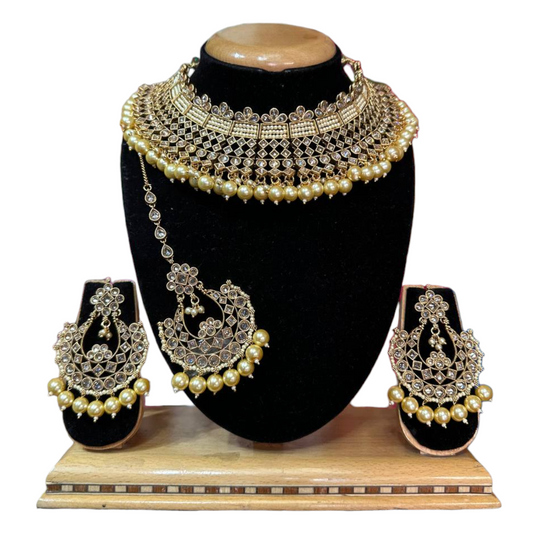 Bridal Gold Plated Polki Reverse AD Choker Necklace, Earrings & Mang Tikka Set #RABC9