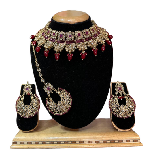 Bridal Polki Reverse AD & Ruby Choker Necklace, Earrings & Mang Tikka Set #RABC11