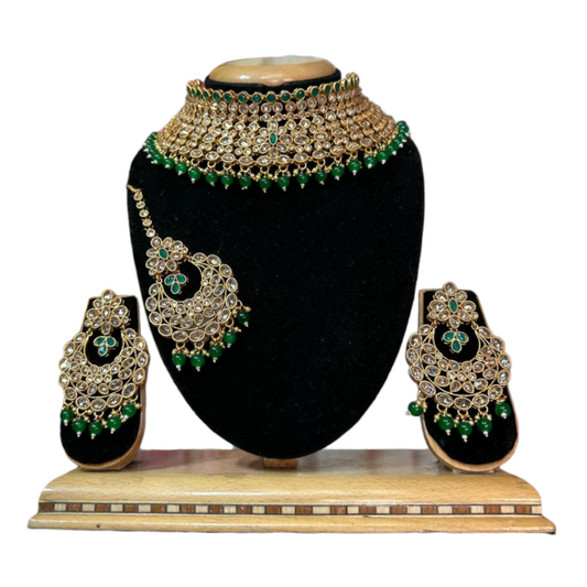 Bridal Polki Reverse AD Choker Necklace, Earrings & Mang Tikka Set #RABC12