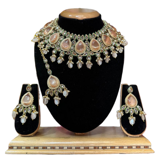 Bridal AD Kundan Monalisa Stones Choker Necklace, Earrings & Mang Tikka Set #KB1