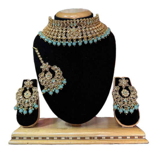 Bridal Polki Reverse AD Choker Necklace, Earrings & Mang Tikka Set #RABC13