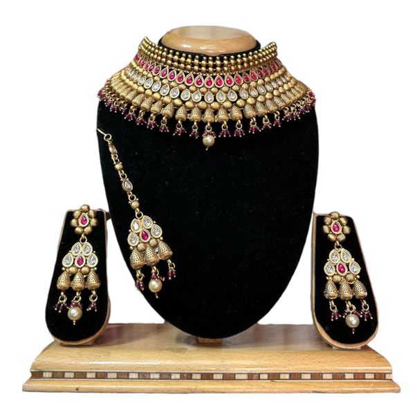 Bridal Rajwadi Finish Kundan With Ruby Choker Necklace, Earrings & Mang Tikka Set #RABC15