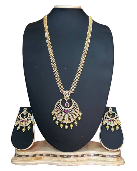 Gold Plated AD Cubic Zirconia Long Necklace & Earring Set ADLNS4