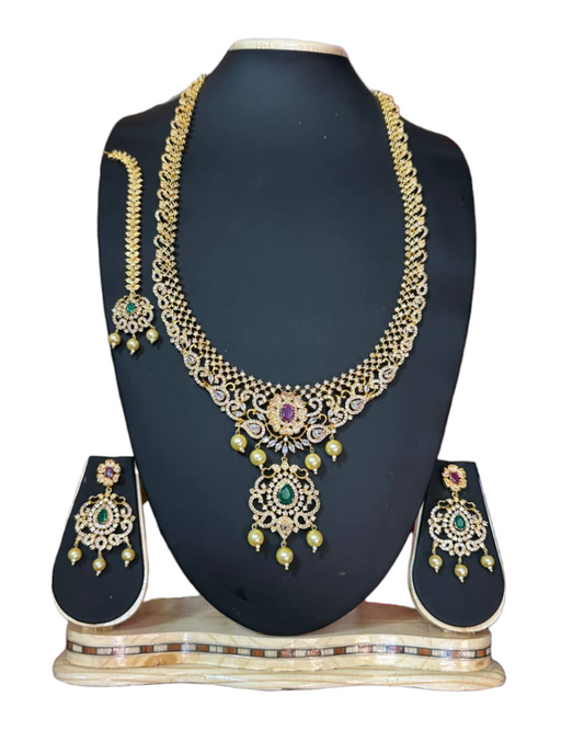 Bridal Gold Plated With AD Cubic Zirconia Long Necklace, Earring & Mang Tikka Set ADLNS7