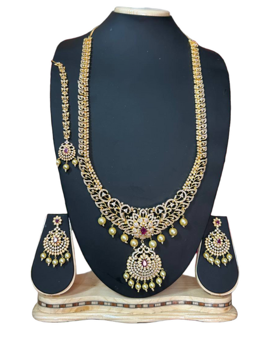 Bridal Gold Plated With AD Cubic Zirconia Long Necklace, Earring & Mang Tikka Set ADLNS8