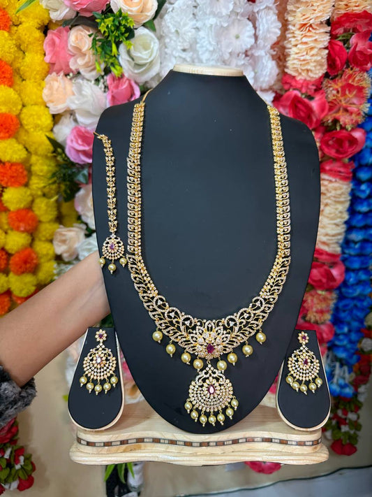 Bridal Gold Plated With AD Cubic Zirconia Long Necklace, Earring & Mang Tikka Set ADLNS8