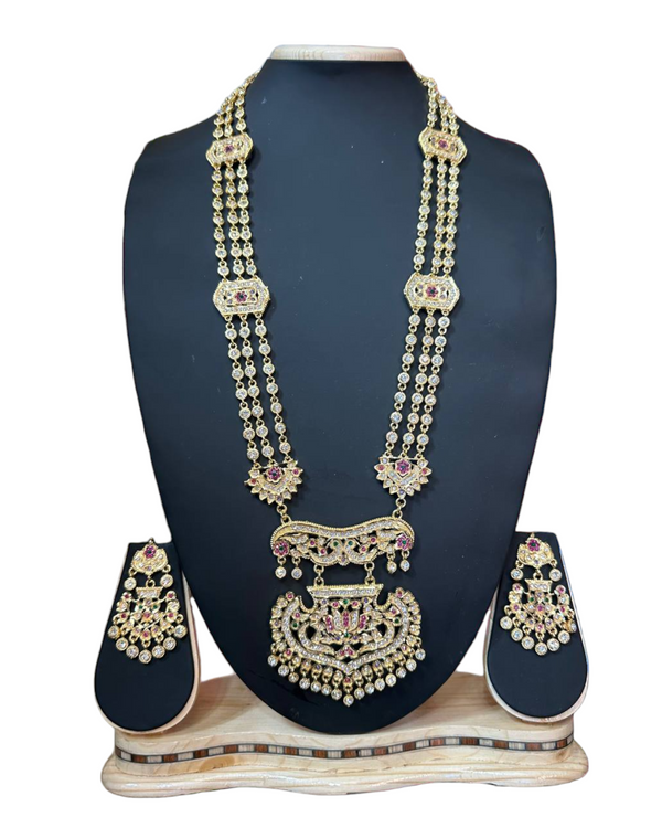 Jadau Gold Plated With AD Cubic Zirconia Long Necklace & Earring Set ADLNS10