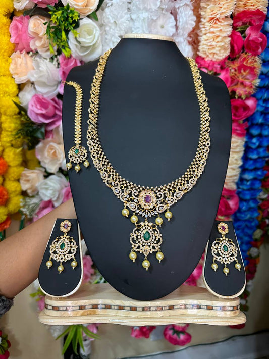 Bridal Gold Plated With AD Cubic Zirconia Long Necklace, Earring & Mang Tikka Set ADLNS7