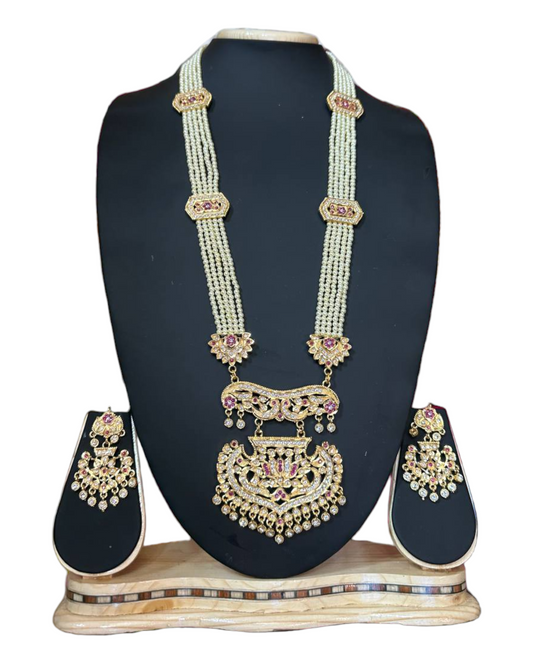 Jadau Gold Plated With AD Cubic Zirconia Long Mala Necklace & Earring Set ADLNS11