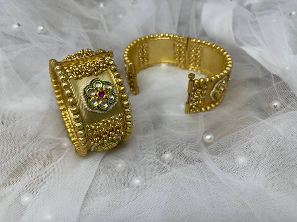 Gold Plated Openable Kada Bracelet With Pachi Kundan Available In Different Sizes