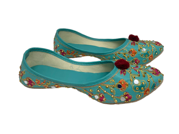 Women Indian Blue Mojari Khussa Jutti Shoes With Embroidery And Mirror Work J3
